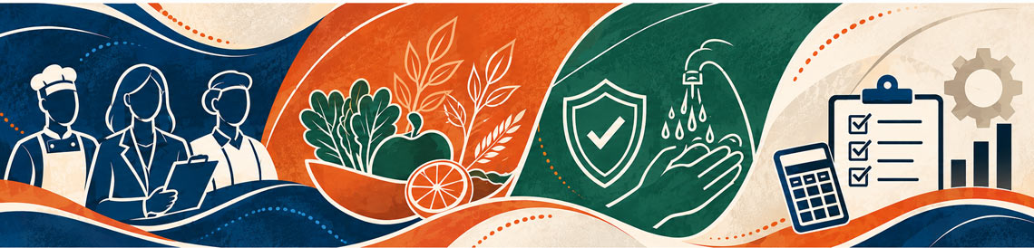 Graphic banner with different colors and silhouettes of people and food.