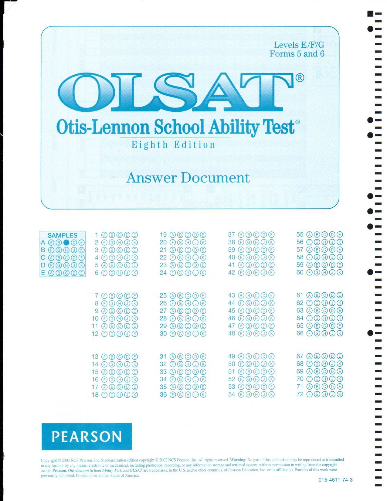 OLSAT 8 Level E/F/G Scorable Answer Sheet