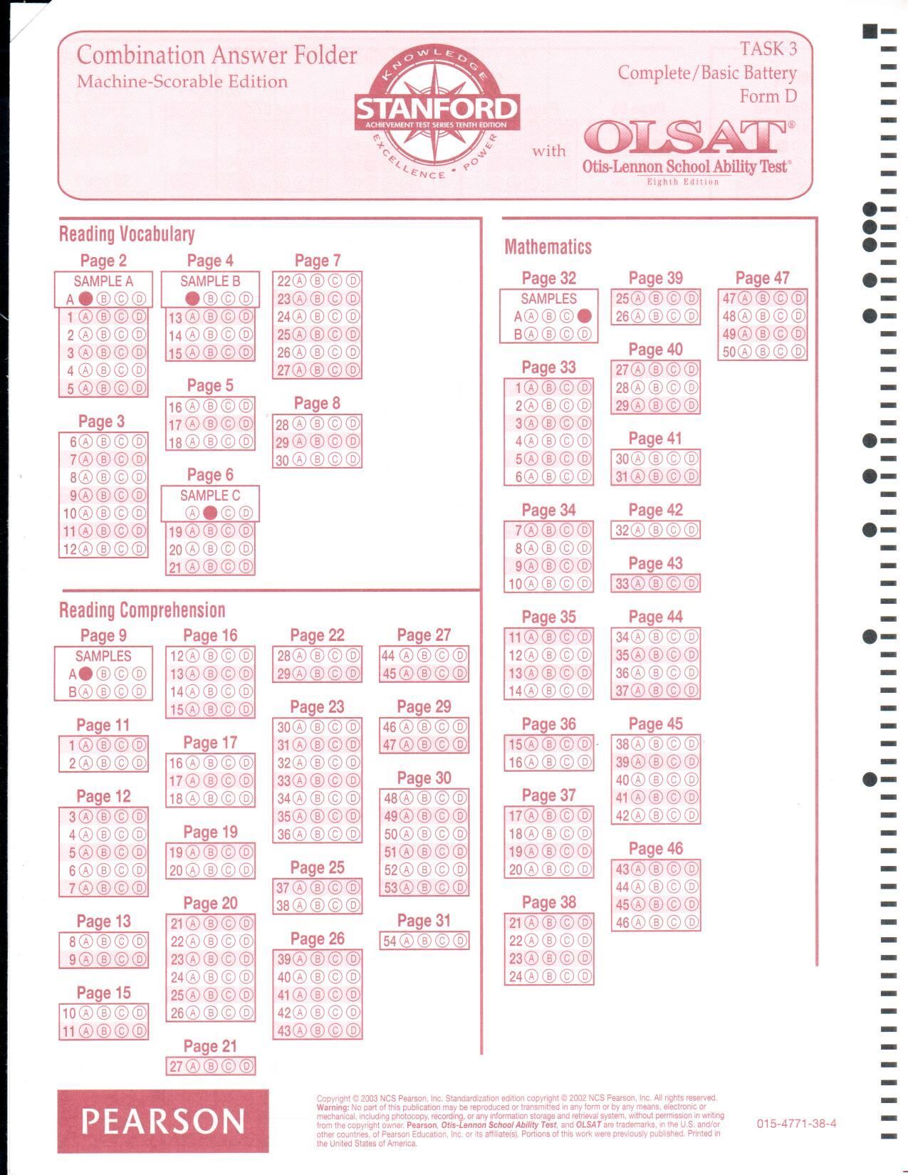 SAT 10 Task 3 Answer Sheet Form D