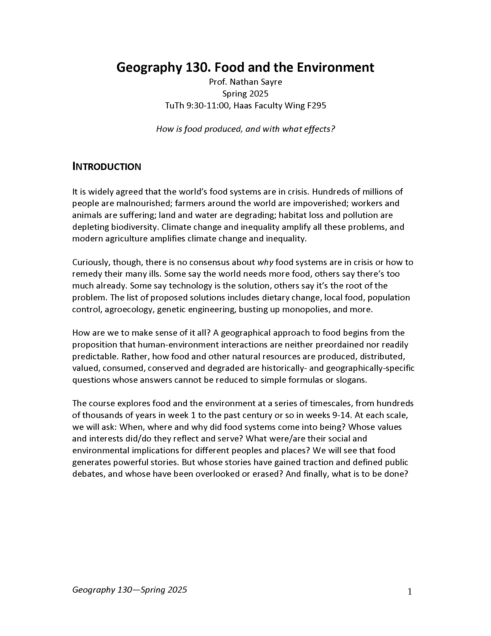 Geography 130 – Food and the Environment - Spring 2025