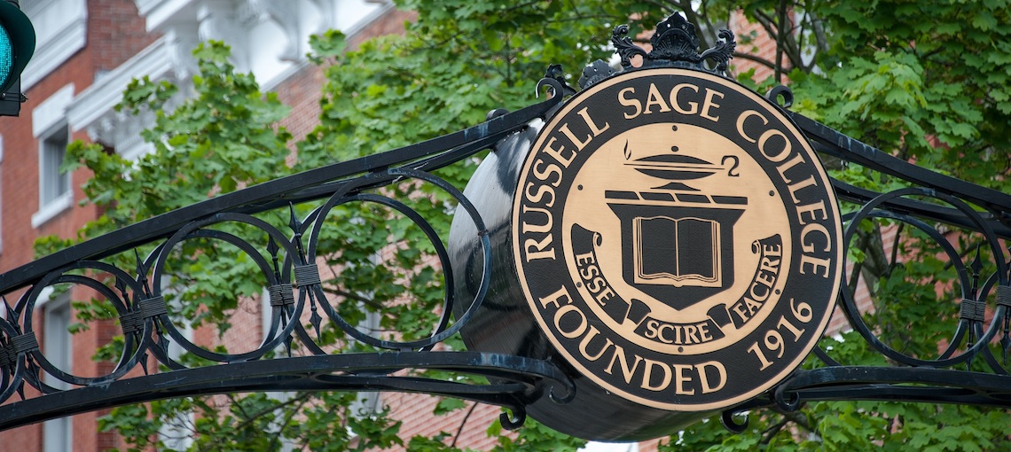 Photo of Russell Sage College archway over 1st Street in Troy, New York