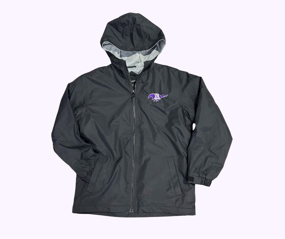 All Weather Jacket  - Black midweight lined hooded jacket w/ full front zip  and side pockets
