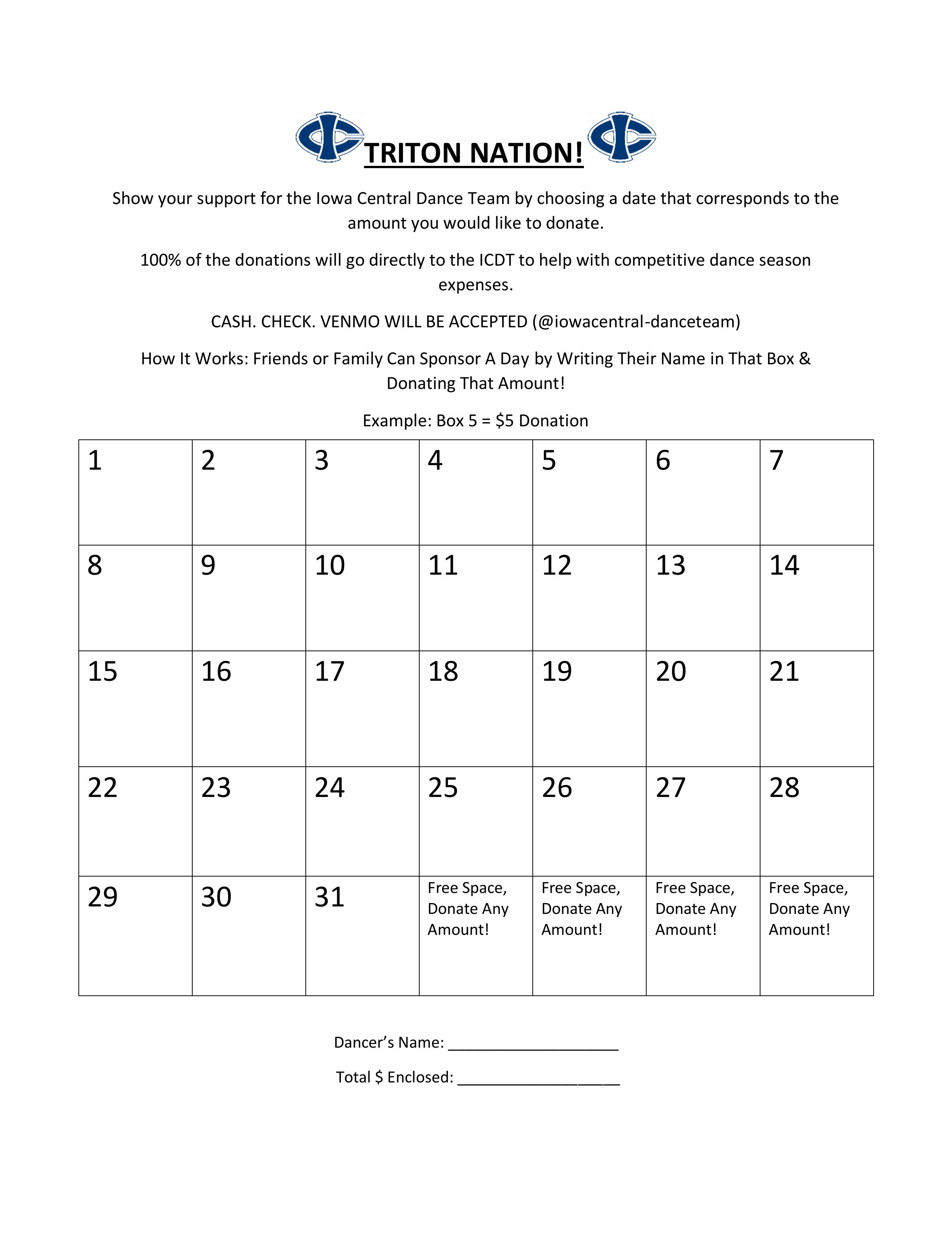 Iowa Central Dance Team Calendar Fundraiser