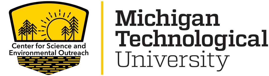 Logo for the Michigan Technological University Center for Science and Environmental Outreach. It is a gold and black shield split by the name of the center, the top of the shield is a minimalist imade of teh sun setting behind pine trees against a gold sky. The bottom of the shield is a minimalist image of gold ripples on black water.