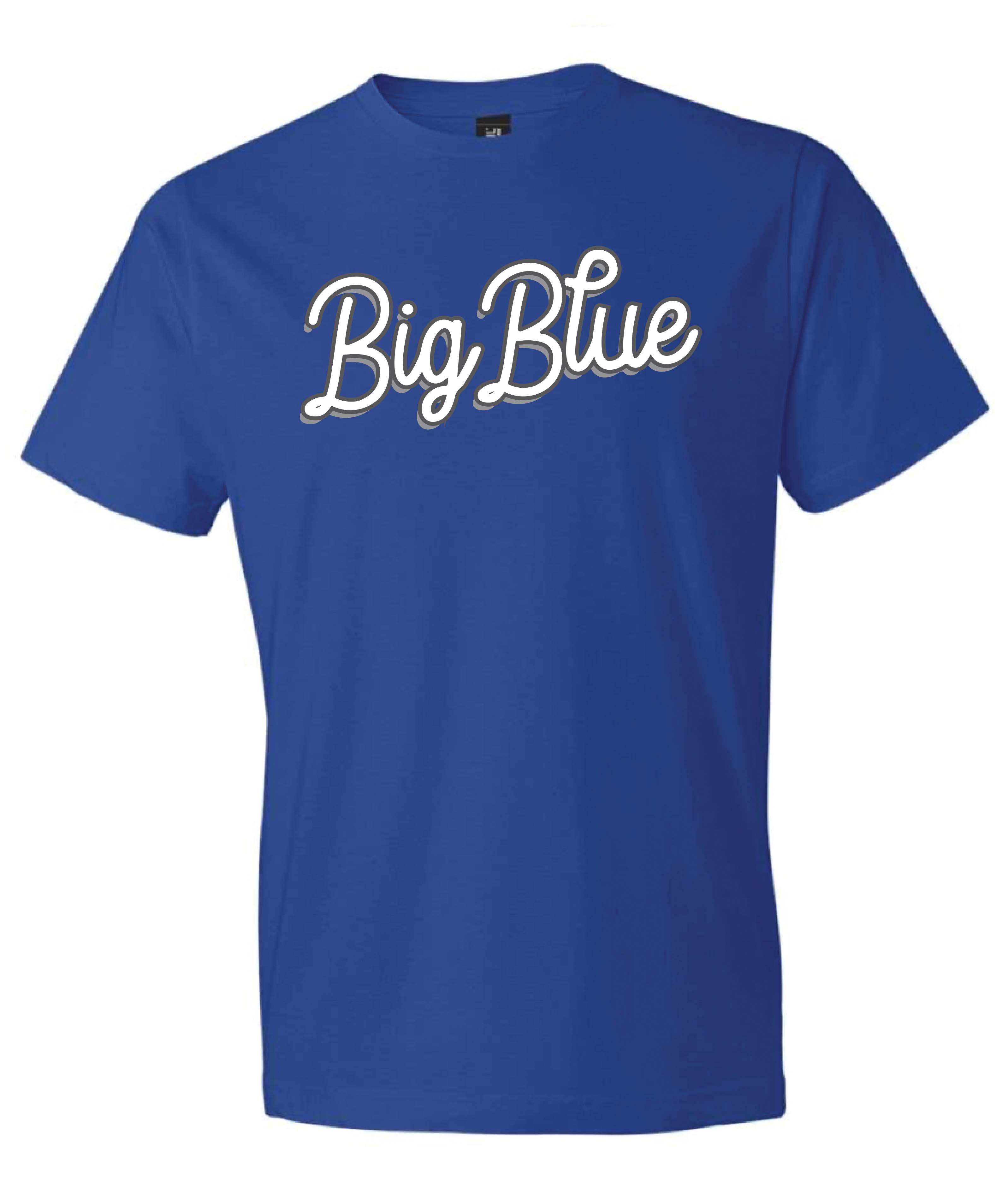 Big Blue Cursive on Royal Gildan Short Sleeve