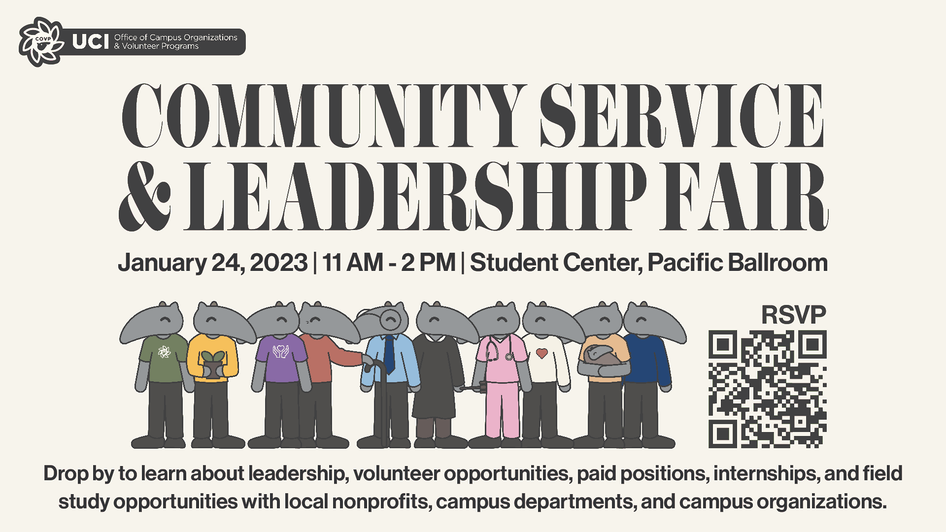 Community Service & Leadership Fair Week 4 February 1, 2023 from 11am - 2pm at the Newkirk Alumni Center